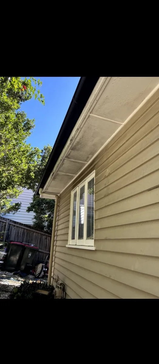 House exterior before washing — grimy eaves and weatherboard siding